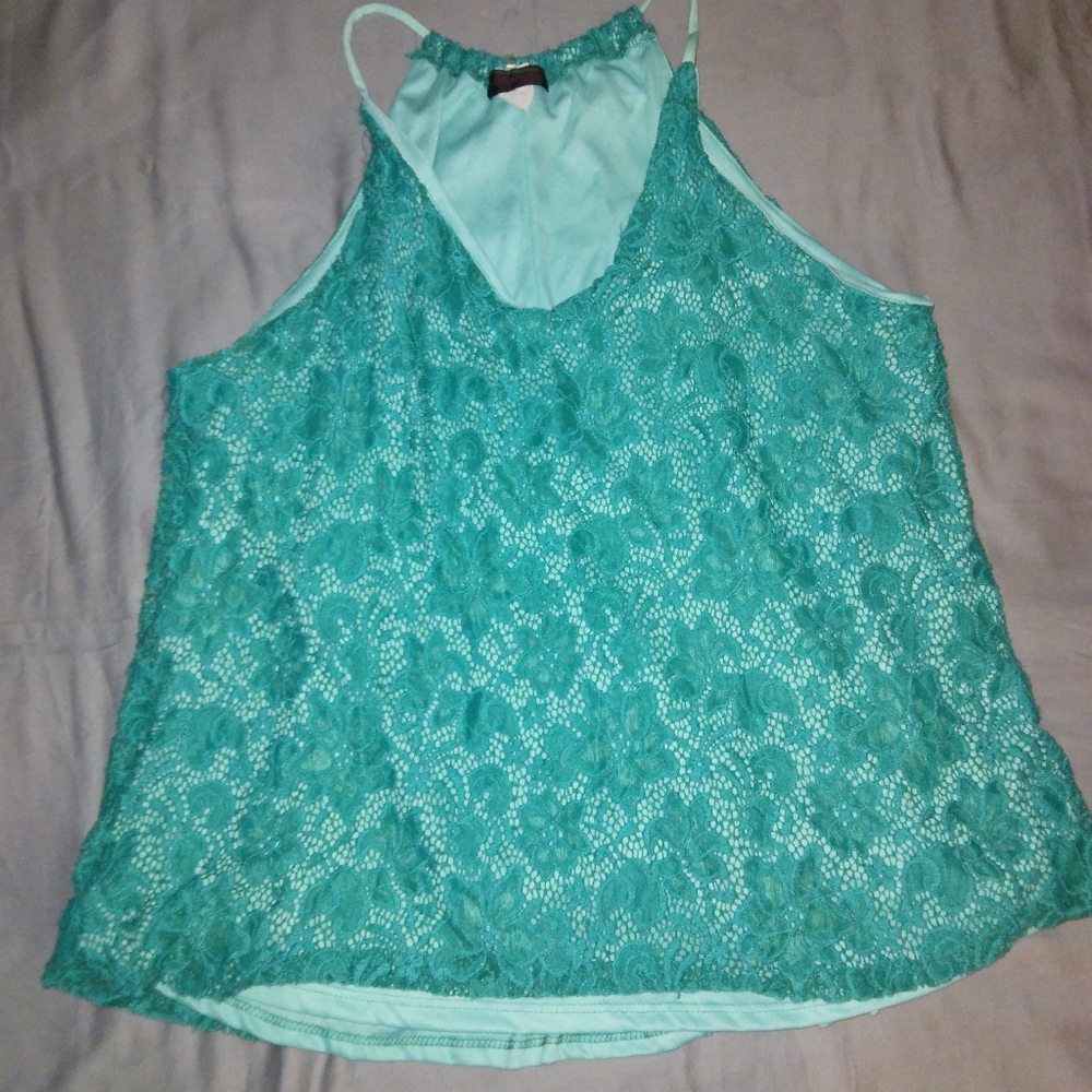 Womens Plus Size 3X, Aqua Green Lace Tank Top with Spaghetti String